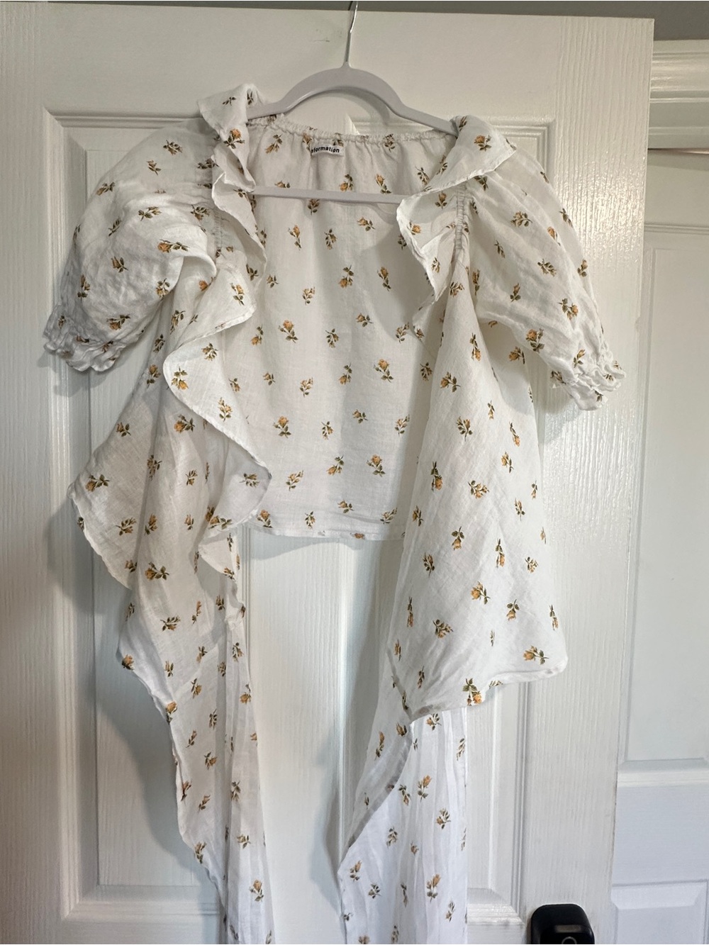 Reformation White Top with Yellow Floral Ruffle Details